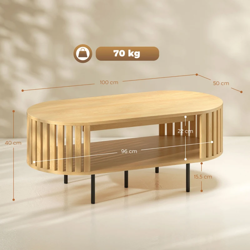 HOMCOM Table basse ovale, table de salon avec rangement, coins arrondis, design lattes, 100 x 50 x 40 cm, effet bois naturel(m-3)