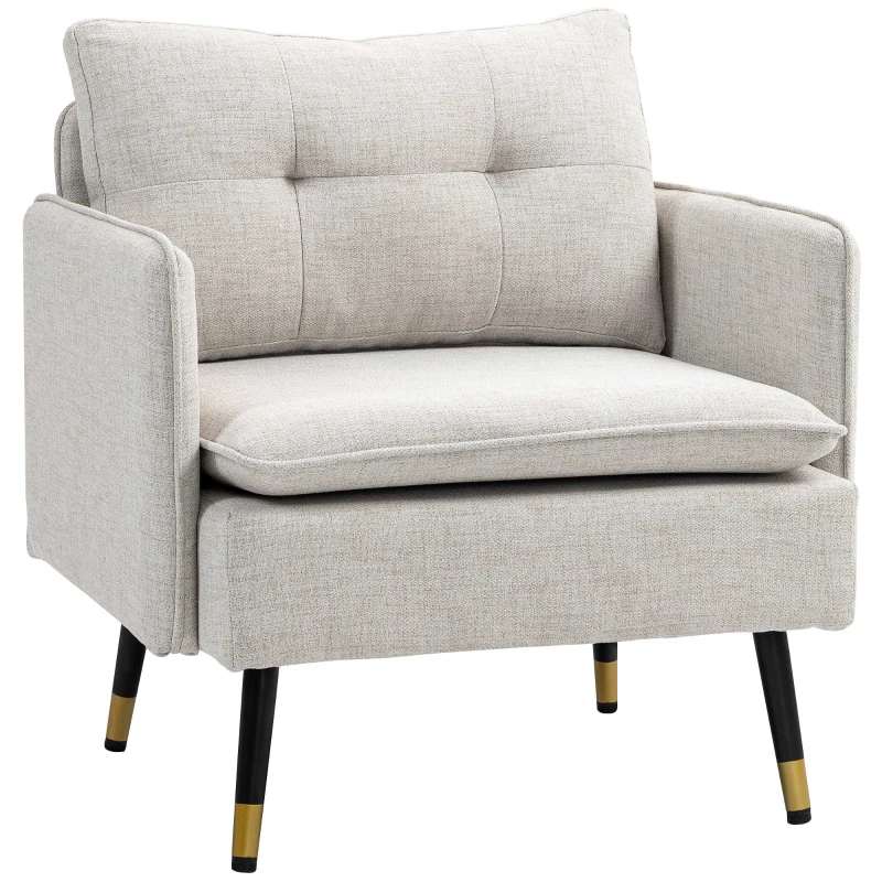 HOMCOM Fauteuil scandinave dossier capitonné avec passepoil en tissu 76 x 68 x 80 cm crème et pieds en métal noir et doré