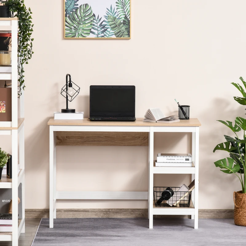 HOMCOM Bureau Informatique multimédia dim. 110L x 48l x 76H cm 2 étagères latérales MDF E1 chêne Clair Blanc