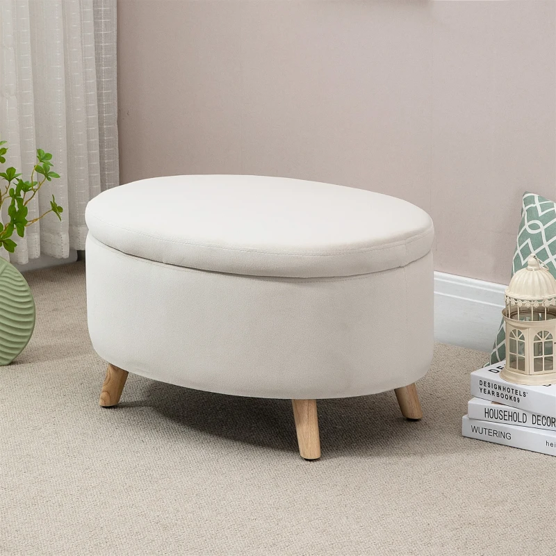HOMCOM Tabouret de rangement ovale intérieur, coffre, pouf, revêtement effet velours, 71 x 51,5 x 42 cm, beige