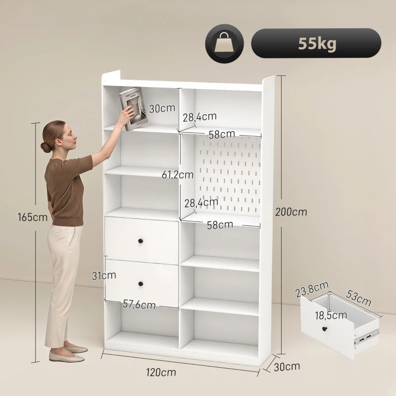 HOMCOM Doppelseitiges 6-stufiges Regal mit Schubladen und Lochplatte, Weiß