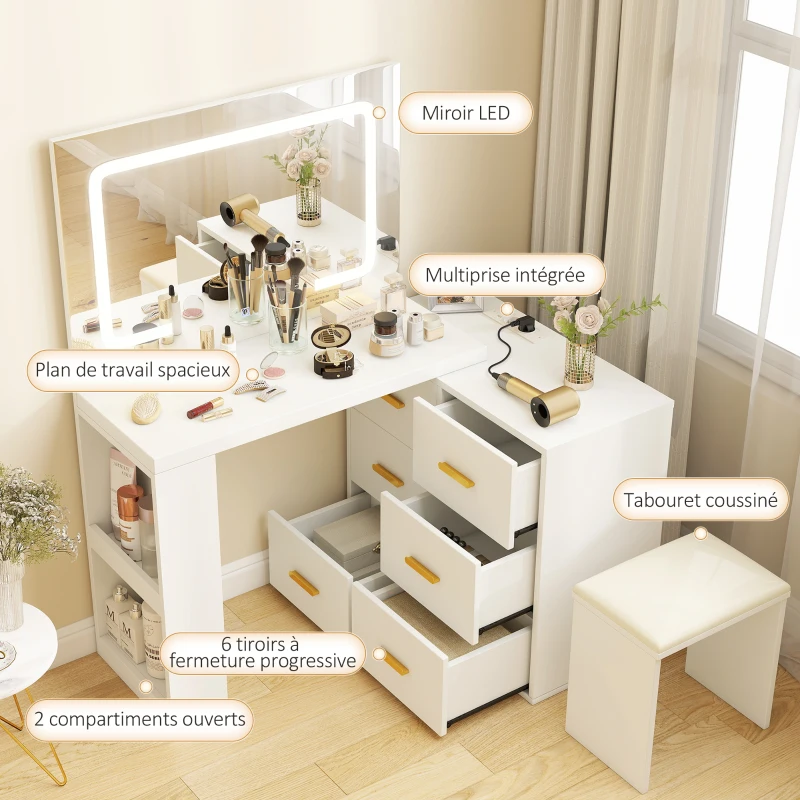HOMCOM Coiffeuse avec miroir et tabouret, table de maquillage avec éclairage LED réglable, 6 tiroirs, 118 x 78 x 135 cm, blanc