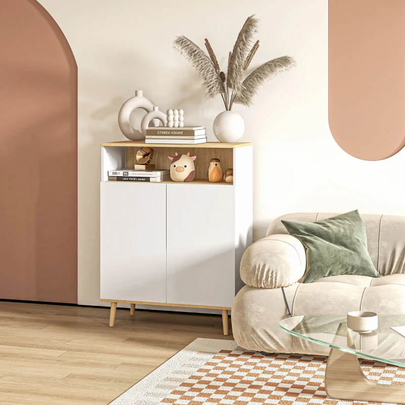HOMCOM Credenza Cucina Scandinava con 2 Ante, Ripiano Regolabile, Gambe in Legno di Pino, 80x38x102 cm, Bianco e Rovere