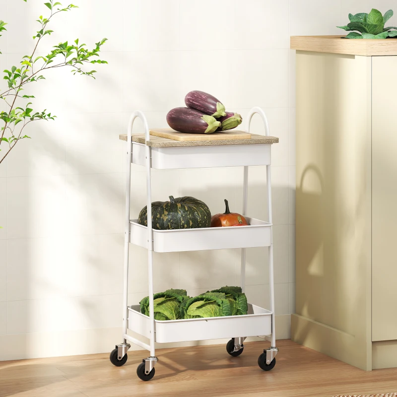HOMCOM Desserte cuisine, chariot de service à 3 niveaux, plateau supérieur, paniers, poignées, 45 x 32 x 77,5 cm chêne