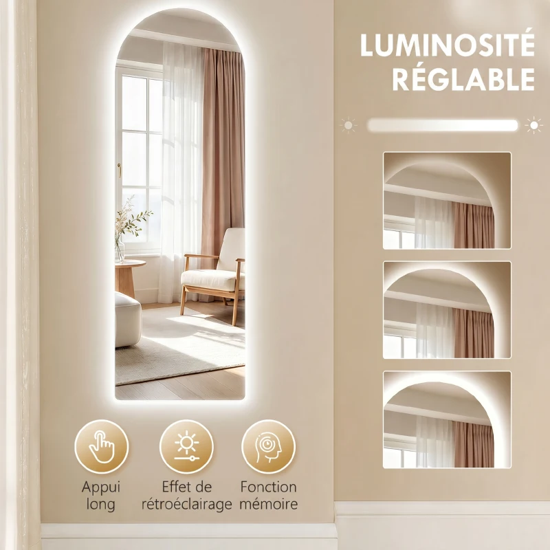 HOMCOM Grand miroir mural 120 x 40 cm avec éclairage LED miroir arqué, intensité variable et 3 couleurs d'éclairage transparent