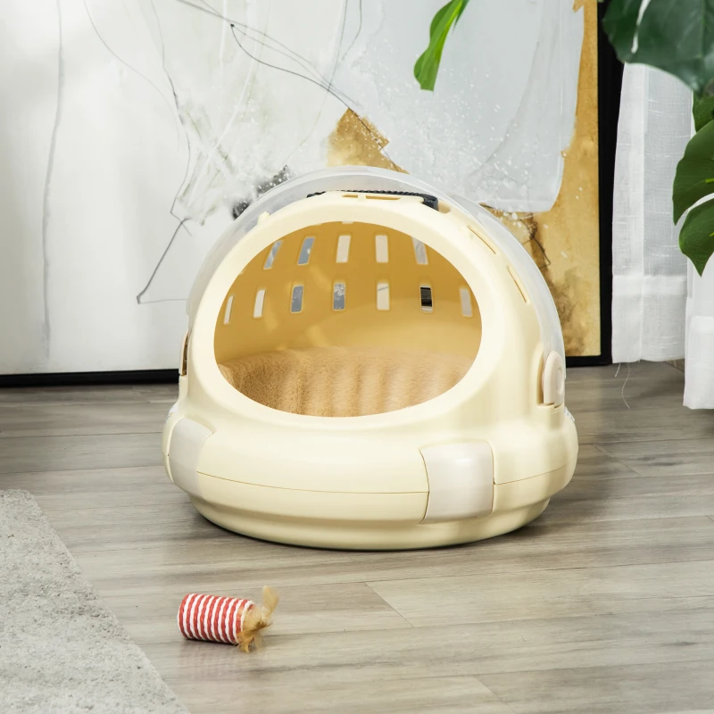 PawHut Caisse de transport niche pour chat maison pour chat portable panier lavable coussin amovible beige