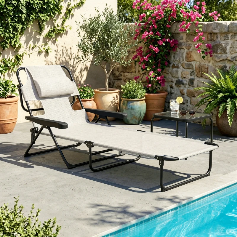 Outsunny Chaise longue de jardin pliante dossier réglable sur 4 niveaux, trou de lecture et appui-tête 72 x 194 x 89 cm crème