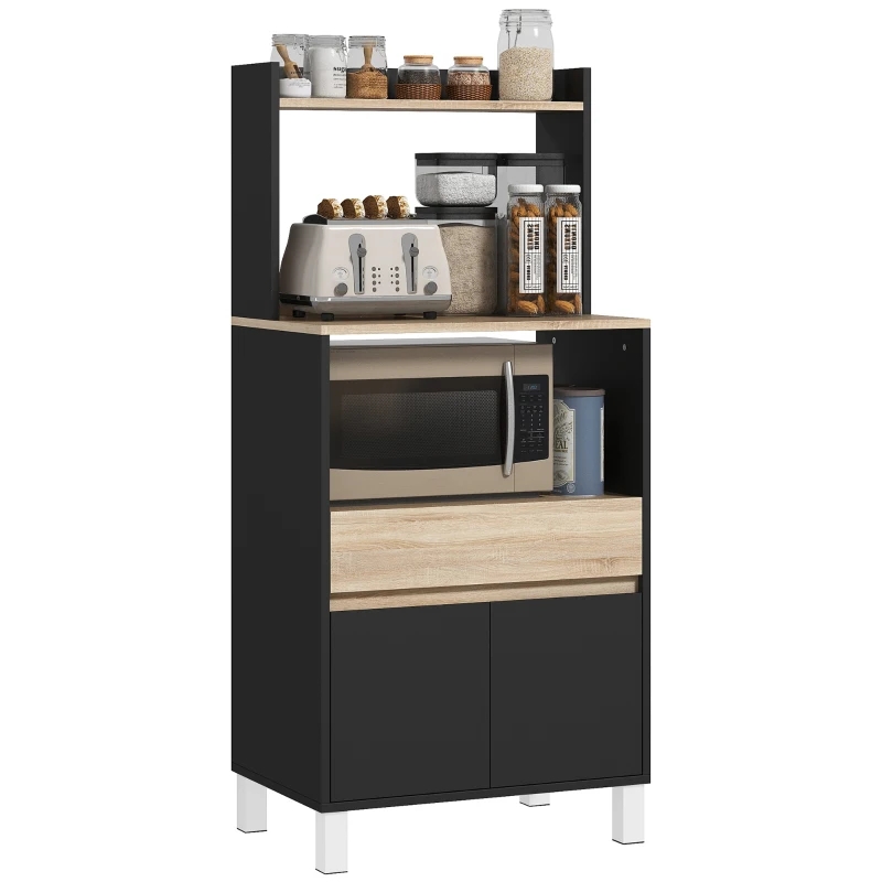 HOMCOM Meuble micro onde, buffet cuisine avec placard tiroir étagère supérieur, 60 x 40 x 131 cm chêne et noir
