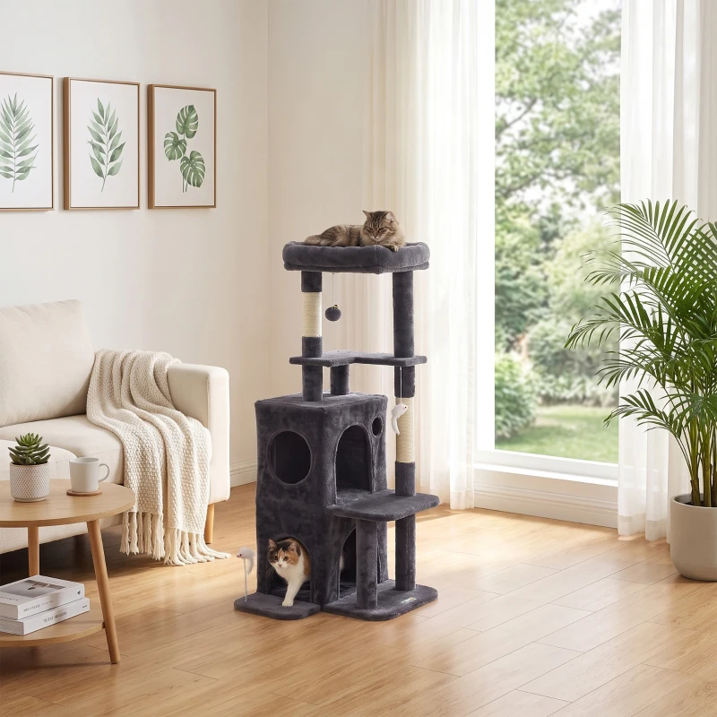 PawHut Arbre à Chat 4 Niveaux 132 cm, Niche, Lit, Plateforme, Poteaux à Griffer en Sisal, Jouets Suspendus, Gris Foncé