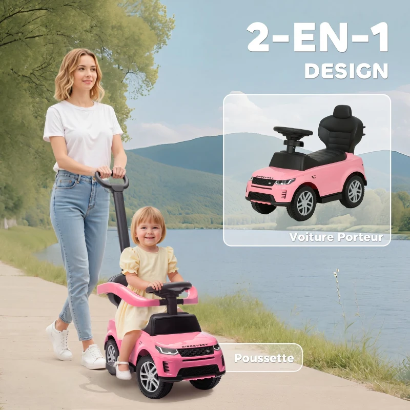 AIYAPLAY Porteur enfants Land Rover Discovery sous licence, porteur voiture à pousser avec poignée amovible, 84x40x94,5cm, rose