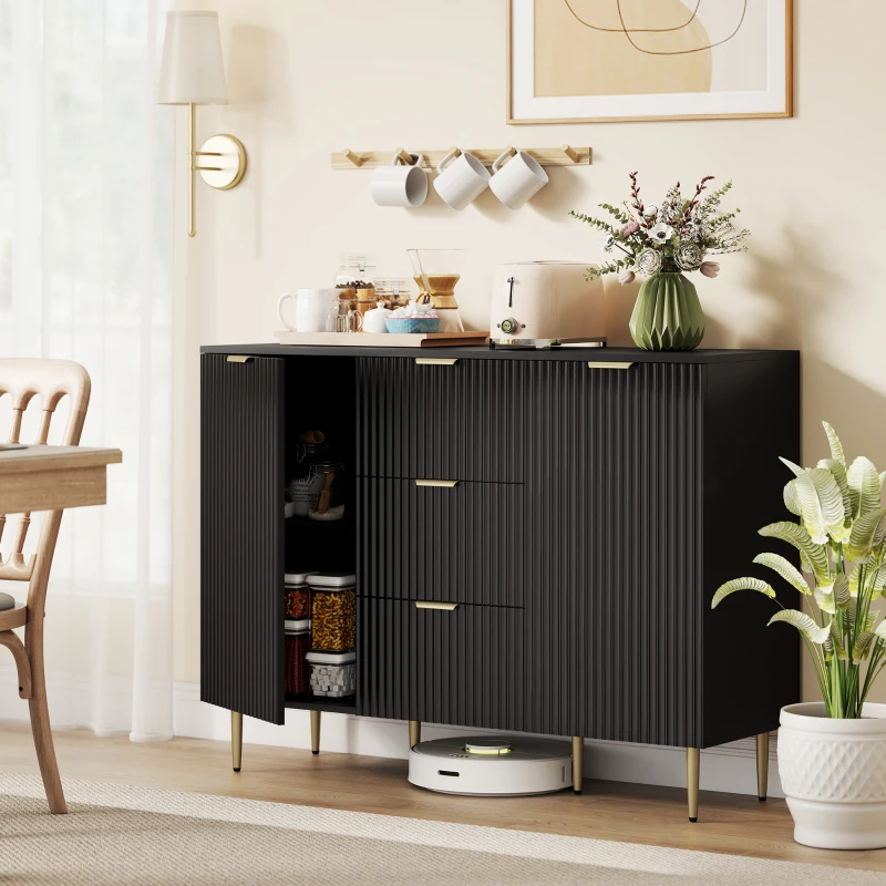HOMCOM Buffet meuble cuisine rangement avec 3 tiroirs, étagères réglables, placards à portes cannelées, 120 x 40 x 90 cm, noir