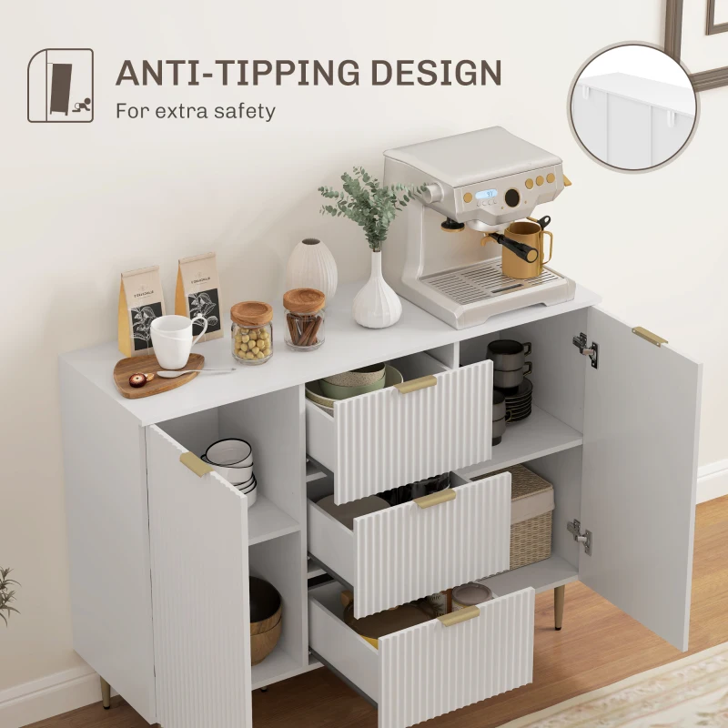HOMCOM Buffet mueble cocina almacenamiento con 3 cajones, estantes regulables, armarios con puertas acanaladas, 120 x 40 x 90 cm, blanco