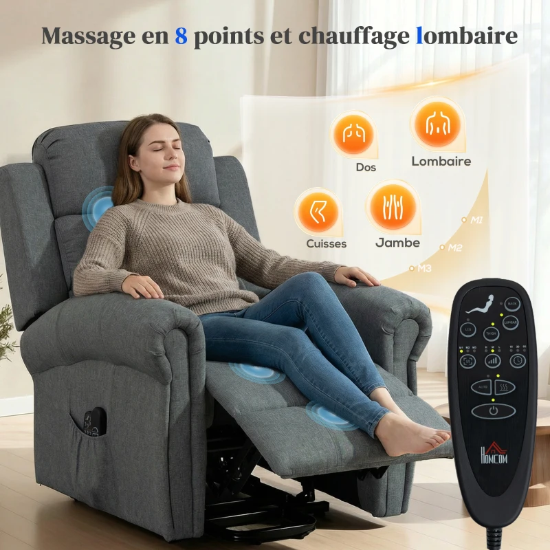 HOMCOM Fauteuil releveur électrique, fauteuil relax électrique avec fonction massage et chauffage, 87 x 87,5 x 108 cm, gris