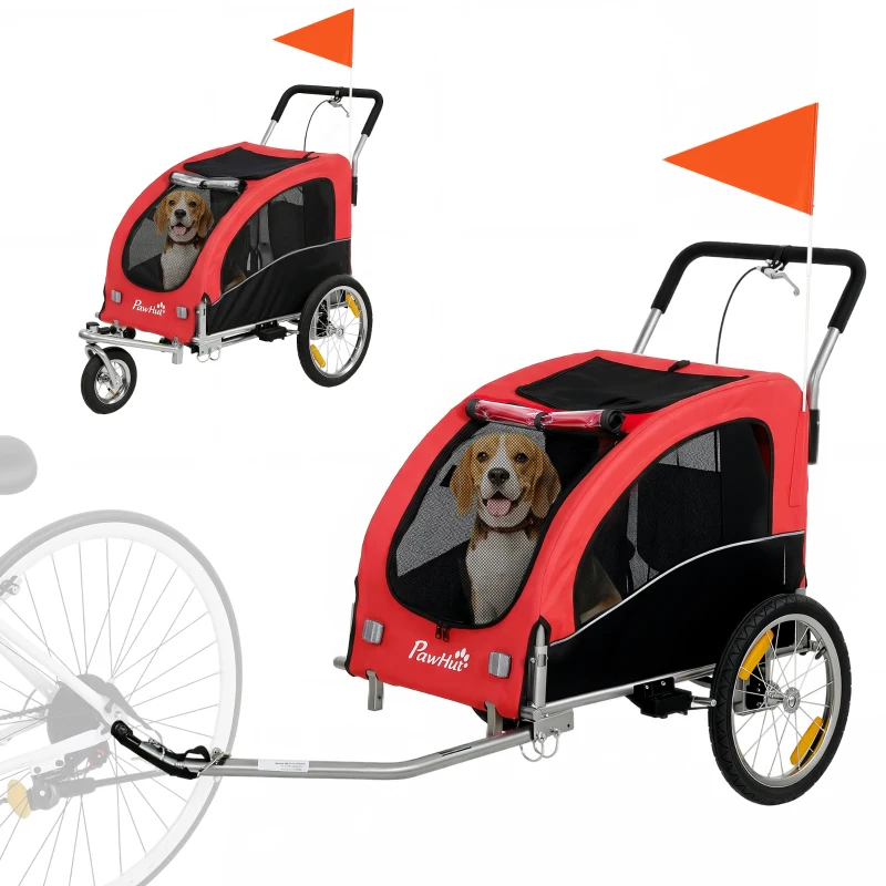 PawHut Remorque Vélo Chien 2-en-1 pour Chien Moyen avec Suspension, Pneus à Dégagement Rapide, Réflecteurs, 160x71x101cm, Rouge