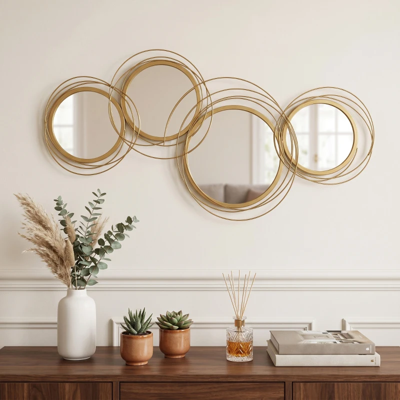 HOMCOM Decorazione Murale 3D in Metallo, Wall Art a Cerchi con Specchi 107x56cm, Oro
