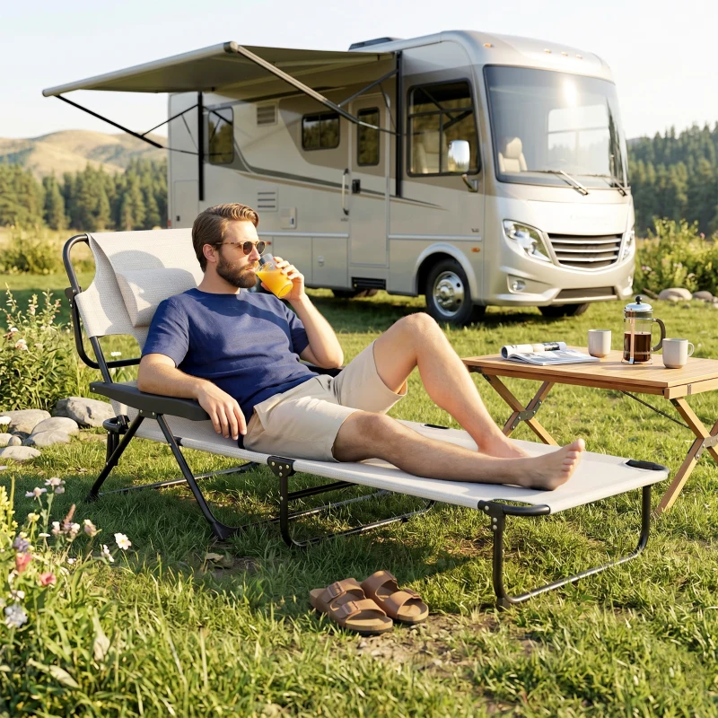 Outsunny Chaise longue de jardin pliante dossier réglable sur 4 niveaux, trou de lecture et appui-tête 72 x 194 x 89 cm crème