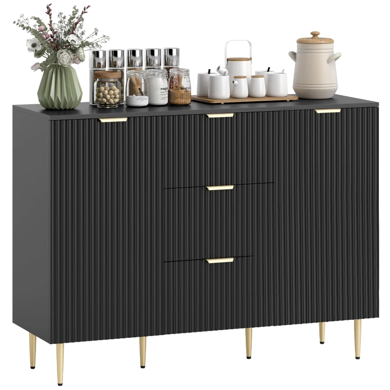 HOMCOM Buffet meuble cuisine rangement avec 3 tiroirs, étagères réglables, placards à portes cannelées, 120 x 40 x 90 cm, noir