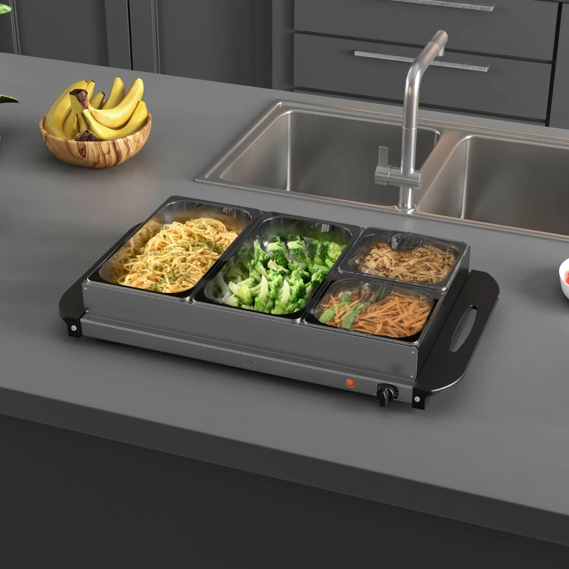 HOMCOM Chauffe-plats électrique acier inoxydable 300 W capacité 2 x 2,4 L et 2 x 1 L plaque chauffante et températur réglable