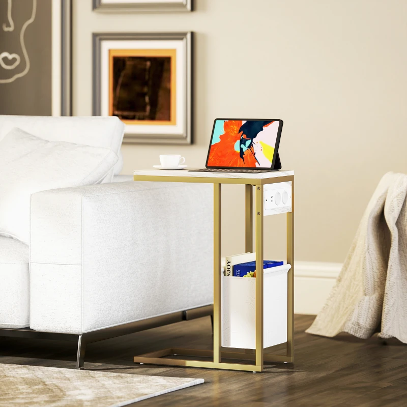 HOMCOM Table d'appoint forme C avec station de charge sac de rangement en tissu plateau aspect marbre, 46 x 25 x 62,5 cm, blanc