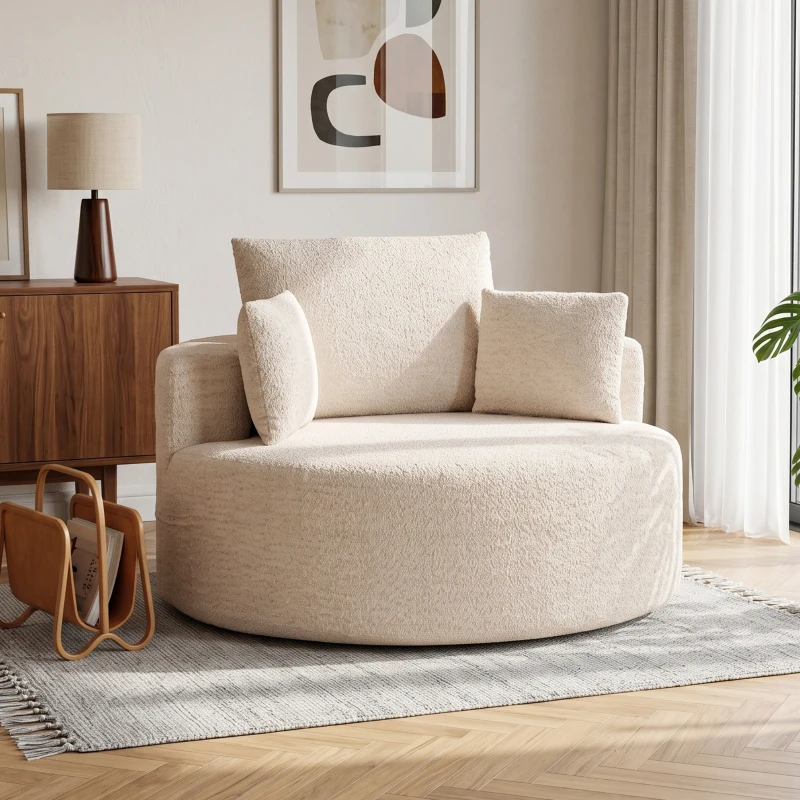 HOMCOM Pouf canapea rotund din chenille, șezut mare, 2 perne, 1 spătar, 1 traversin, sarcină 250kg, 130x130x82cm, crem