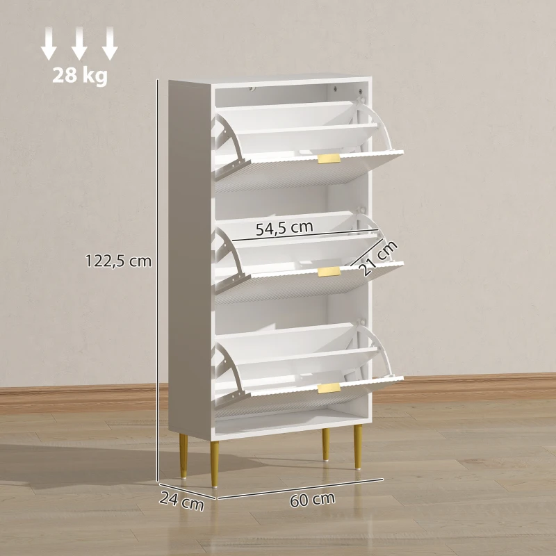 HOMCOM Scarpiera Slim per 18 Paia di Scarpe con 3 Cassetti a Ribalta e Ripiani Regolabili, 60x24x122.5 cm, Bianco