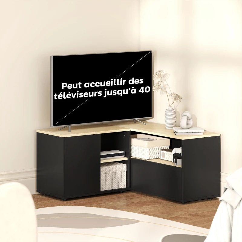 HOMCOM Meuble TV d'angle banc télévision jusqu'à 40 pouces avec 2 placards et 3 niches 90 x 90 x 45 cm chêne et noir