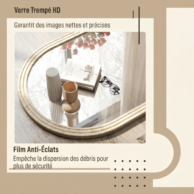 HOMCOM Miroir Mural Arqué, Miroir Moderne avec Bord Rainuré et Crochets, Verre Trempé et Polystyrène, 60 x 90 cm, Beige
