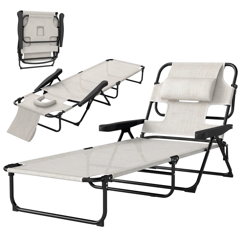 Outsunny Chaise longue de jardin pliante dossier réglable sur 4 niveaux, trou de lecture et appui-tête 72 x 194 x 89 cm crème