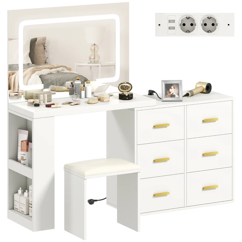 HOMCOM Coiffeuse avec miroir et tabouret, table de maquillage avec éclairage LED réglable, 6 tiroirs, 118 x 78 x 135 cm, blanc
