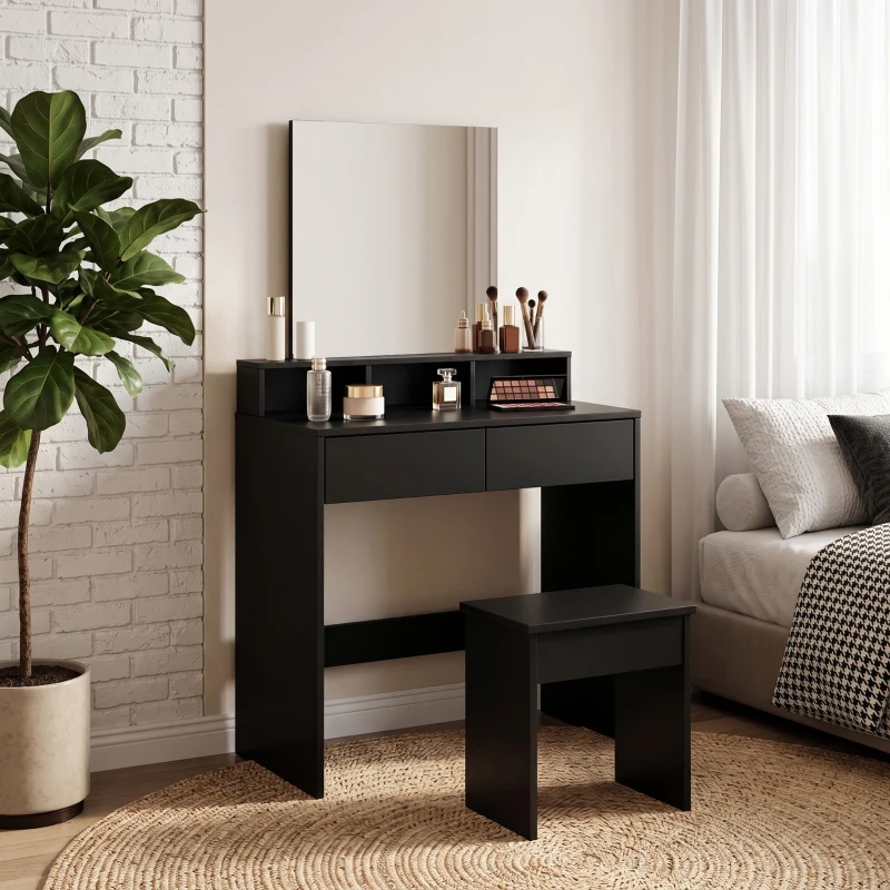 HOMCOM Penteadeira com Espelho 3 Prateleiras 2 Gavetas e Banquinho em Madeira 75x38x135 cm Preto