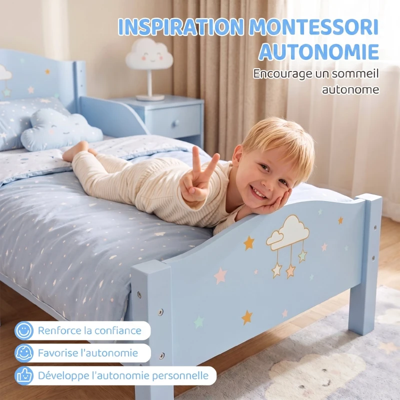 AIYAPLAY Lit Enfant 70 x 140 cm, Lit pour Enfant avec Barrière de Sécurité et Sommier à Lattes en Bois, Motif Nuage, Bleu