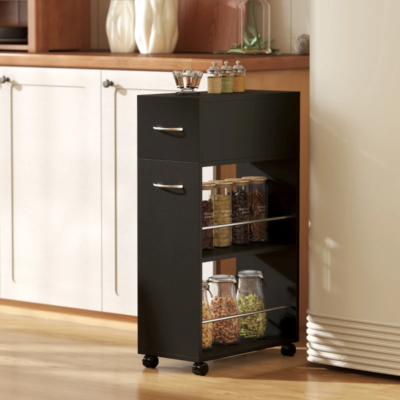 HOMCOM Chariot de cuisine desserte sur roulettes avec 1 tiroir et 2 étagères ouvertes pour salle à manger 25 x 50 x 85 cm Noir