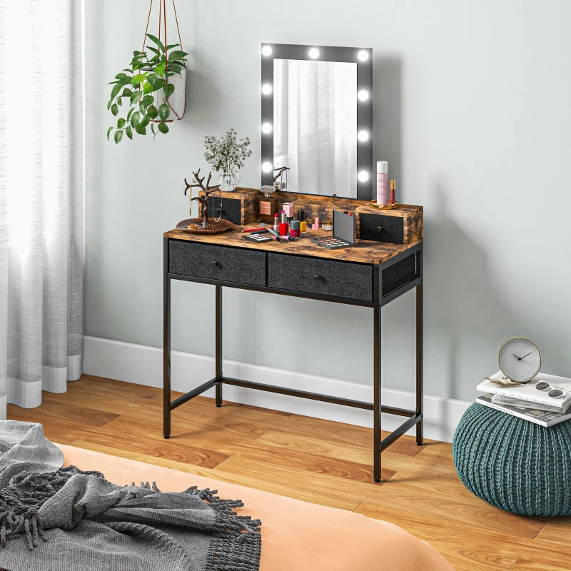 HOMCOM Coiffeuse table de maquillage miroir LED réglable intégré - pied en métal noir - 4 tiroirs en tissu - Aspect bois foncé