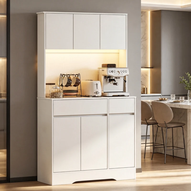 HOMCOM Buffet cuisine meuble cuisine rangement haut avec lumière LED RGB, plan de travail, 6 portes, 2 tiroirs, blanc