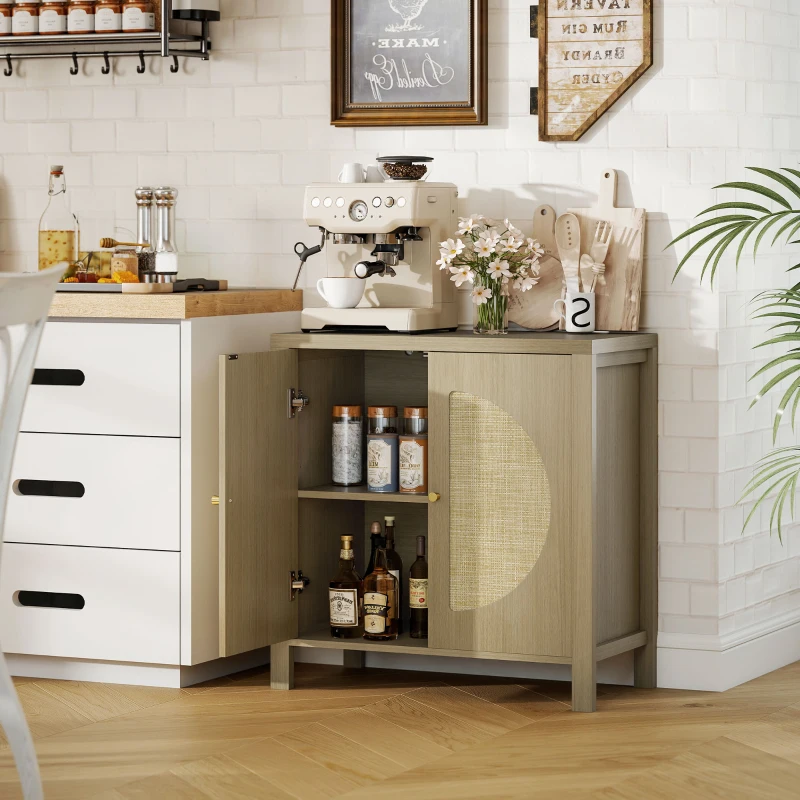 HOMCOM Buffet cuisine, meuble de rangement avec 2 portes effet rotin et étagère réglable, 75 x 38 x 77 cm, bois naturel