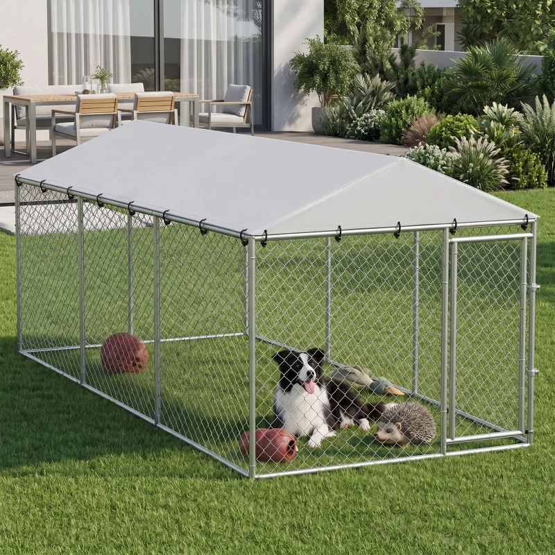 PawHut Recinto per Cani da Esterno con Rete Zincata e Serratura, in Acciaio e Tessuto Oxford, 4x2.3x2 m, Argento