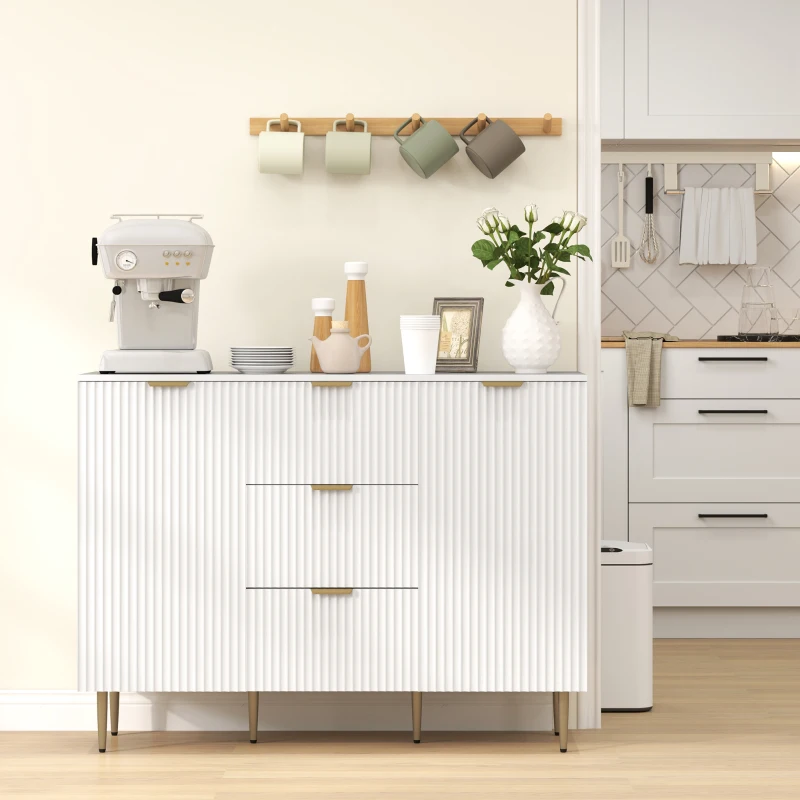 HOMCOM Sideboard Küchenmöbel Aufbewahrung mit 3 Schubladen, verstellbaren Regalen, Schränken mit geriffelten Türen, 120 x 40 x 90 cm, Weiß