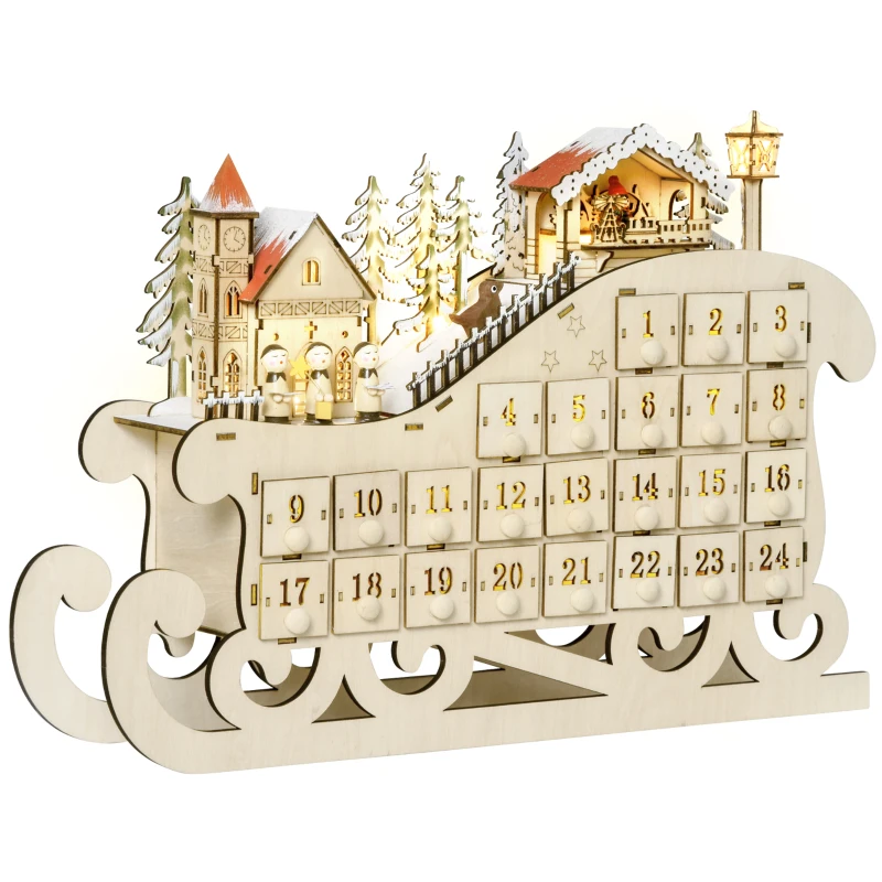 HOMCOM Calendrier de l'avent en bois Lumineux Frome de traineau - 10 lumières Blanc Chaud - 24 tiroirs - décoration Lumineuse de Noël
