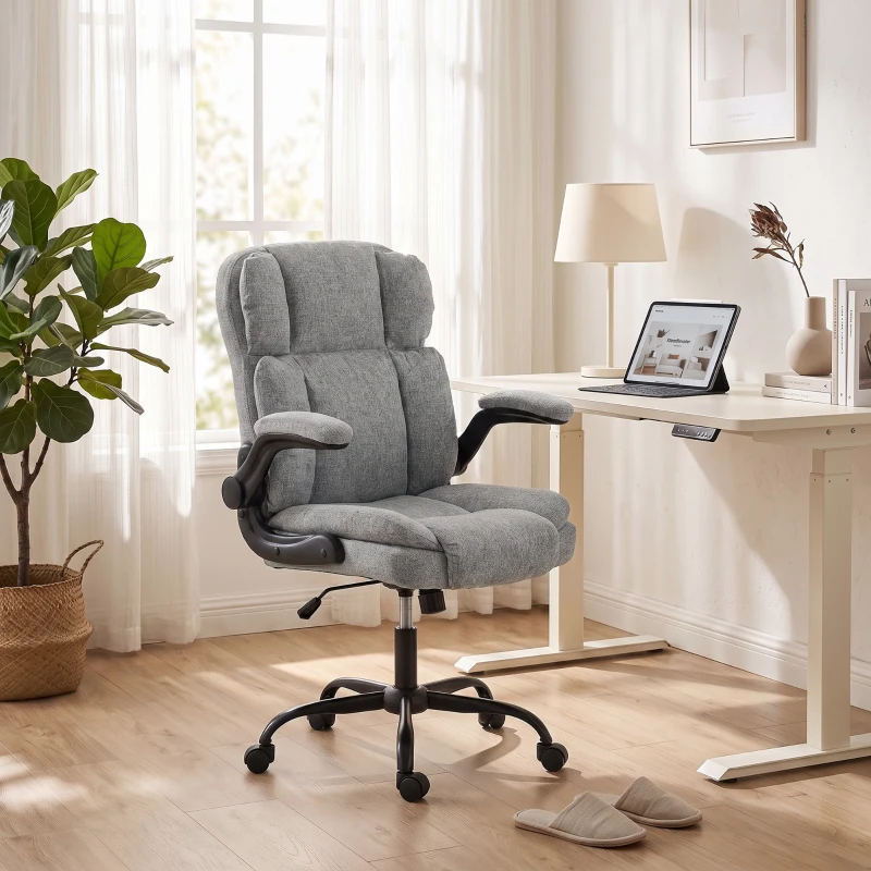HOMCOM Chaise de Bureau Pivotante avec Accoudoirs Rabattables, Hauteur Réglable, Bascule en Tissu Effet Lin, Gris