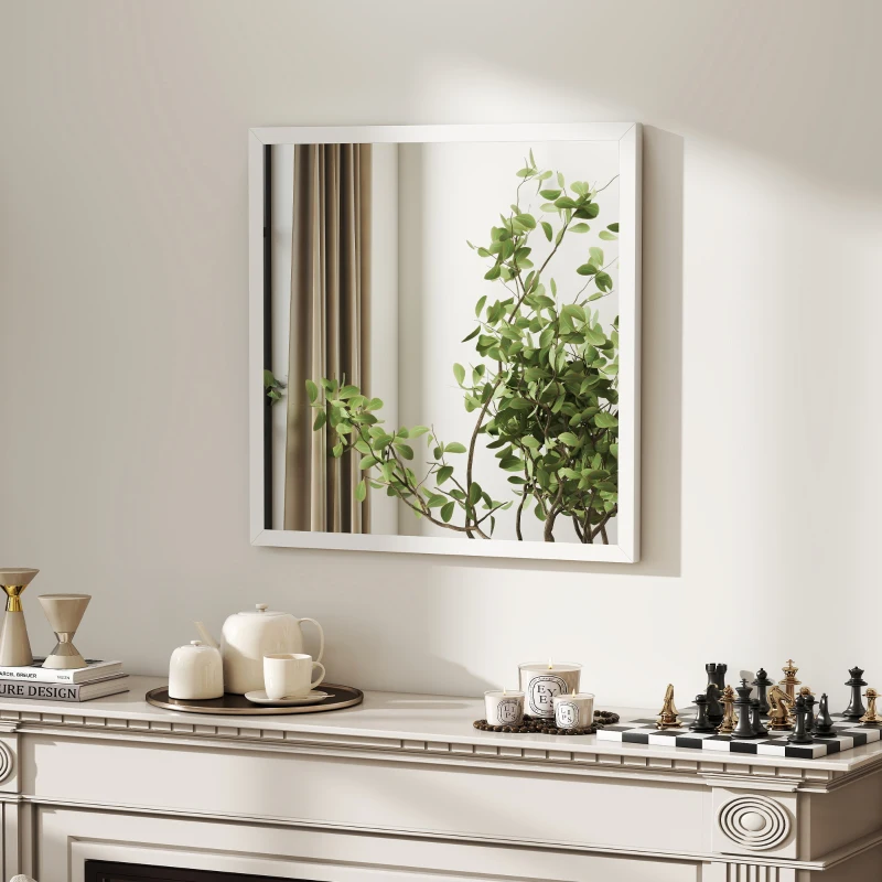 HOMCOM Specchio da Parete Rettangolare con Ganci, Specchio a Muro in Vetro e MDF, 50x50 cm, Bianco