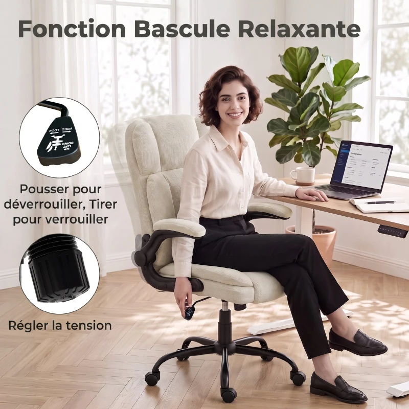 HOMCOM Chaise de Bureau Ergonomique en Chenille, Fonction Bascule, Accoudoirs Relevables, Hauteur Réglable, 70x67x108cm, Beige