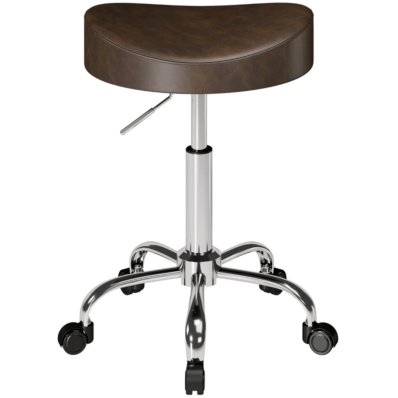 HOMCOM Taburete con ruedas, taburete de salón con altura regulable 51-66 cm y asiento acolchado, giratorio 360°, marrón