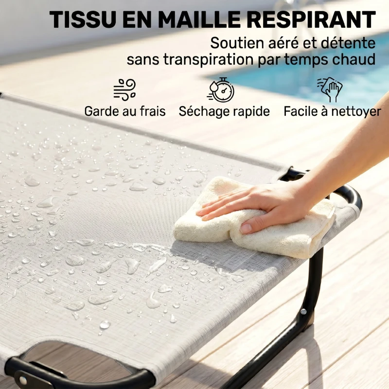 Outsunny Chaise longue de jardin pliante dossier réglable sur 4 niveaux, trou de lecture et appui-tête 72 x 194 x 89 cm crème