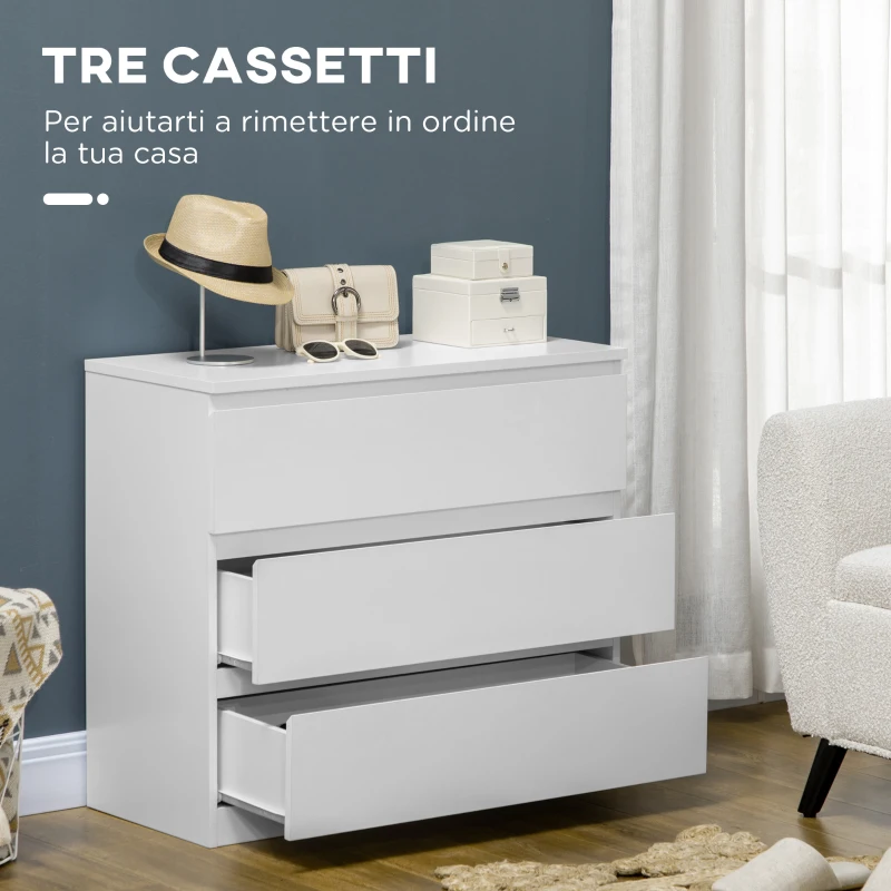 HOMCOM Cassettiera 3 Cassetti Moderna senza Maniglie per Camera e Soggiorno, 80x39x73 cm, Bianco