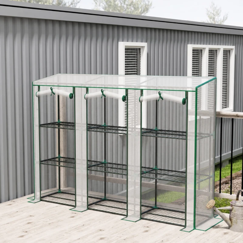Outsunny Serre de jardin avec étagères à 3 niveaux serre de balcon 3 portes enroulables zippées 215 x 46 x 151 cm blanc