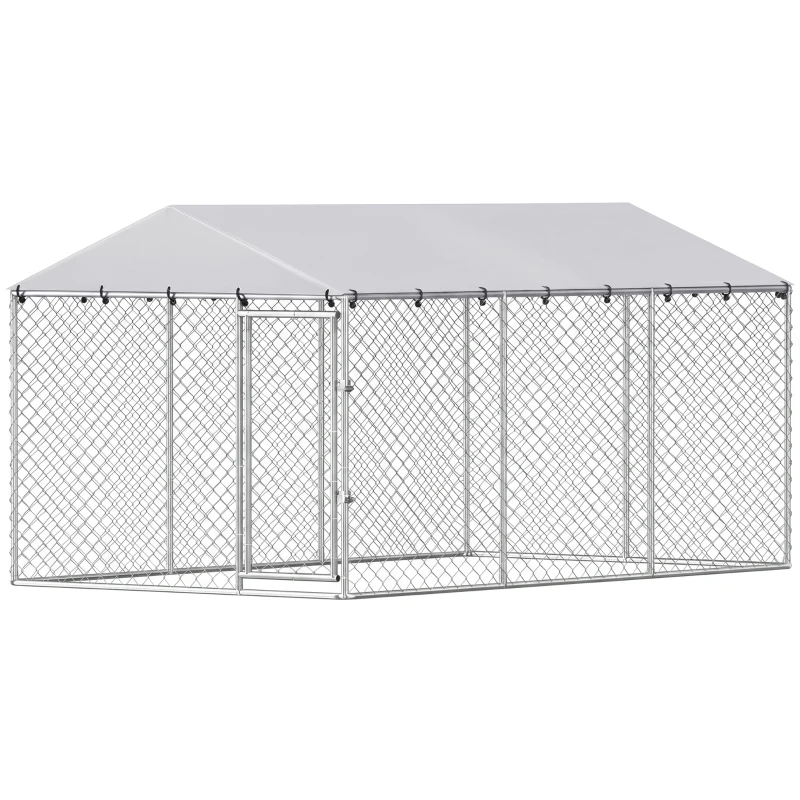 PawHut Recinto per Cani da Esterno con Rete Zincata e Serratura, in Acciaio e Tessuto Oxford, 4x2.3x2 m, Argento