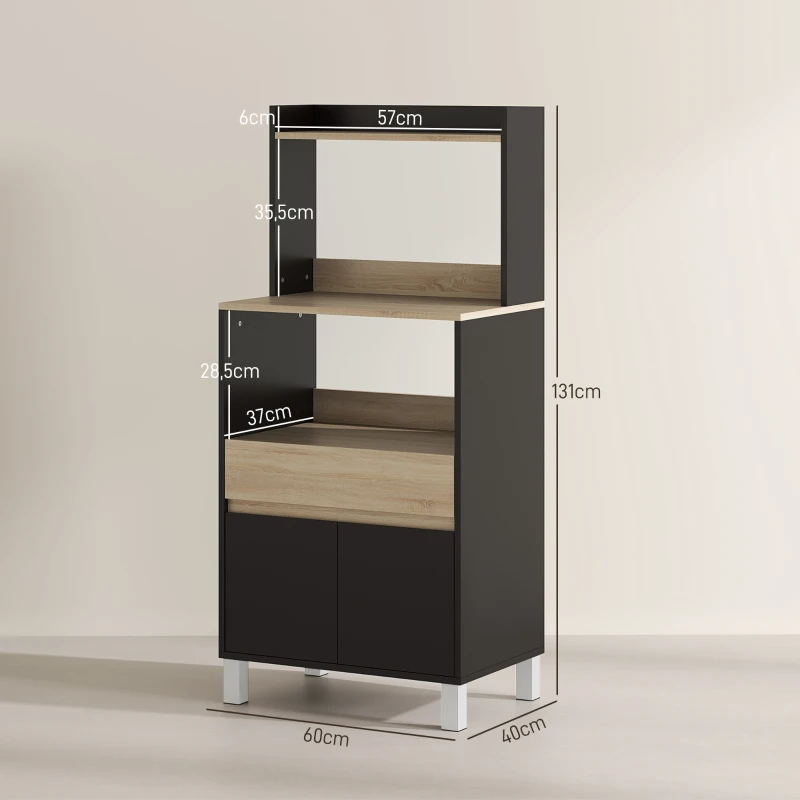 HOMCOM Meuble micro onde, buffet cuisine avec placard tiroir étagère supérieur, 60 x 40 x 131 cm chêne et noir