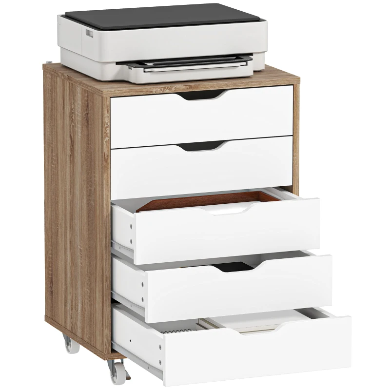 Vinsetto Caisson bureau mobile, meuble rangement bureau sur roulettes, 5 tiroirs, 47,5 x 39,5 x 67,5 cm, blanc et chêne