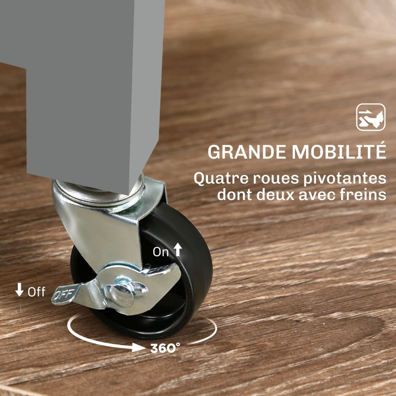 HOMCOM Chariot desserte de cuisine à roulettes plan de travail en bois 3 tiroirs et 1 plateau amovible 67 x 37 x 85,5 cm gris