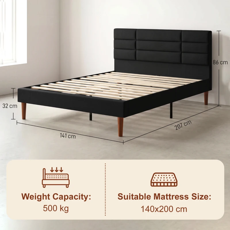 HOMCOM Cadru de pat 140 x 200 cm cu somier din lemn, pat dublu tapițat cu efect de in, depozitare dedesubt, fără zgomot, Negru